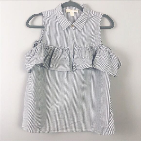 MICHAEL KORS | Pinstripe Cold Shoulder Ruffle Top Women’s Size Medium - Picture 3 of 8